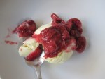 Cherry Rhubarb Sauce over Vanilla Ice Cream