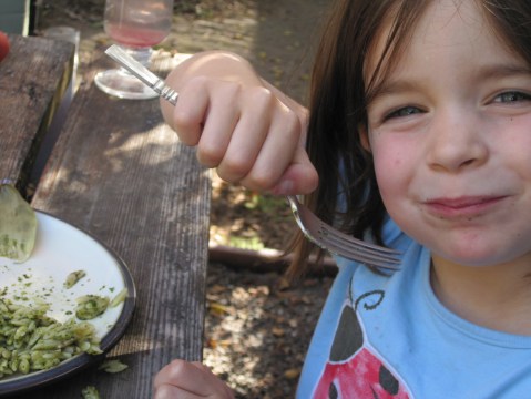 Kids eating kale orzo